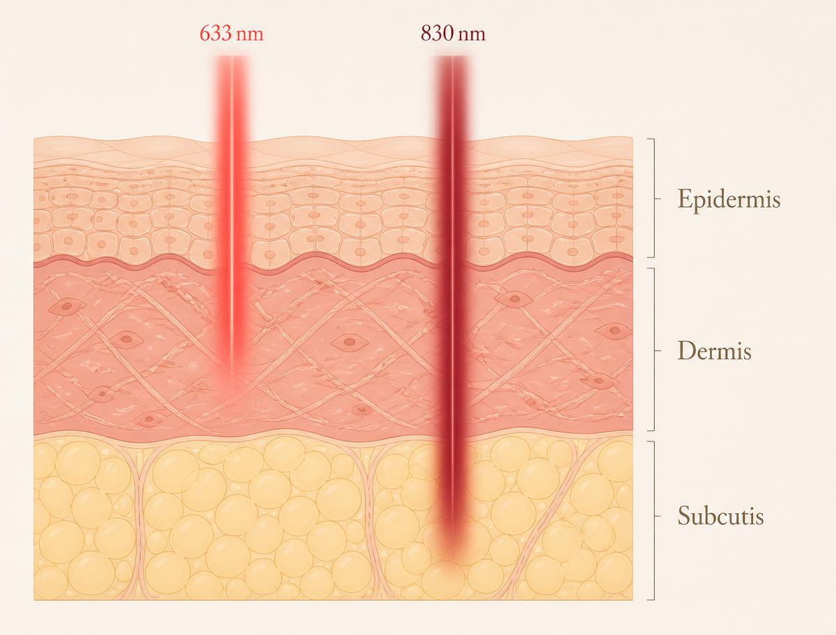 Cross-section of skin showing 633 nm red and 830 nm near-infrared light reaching the epidermis, dermis and subcutis.